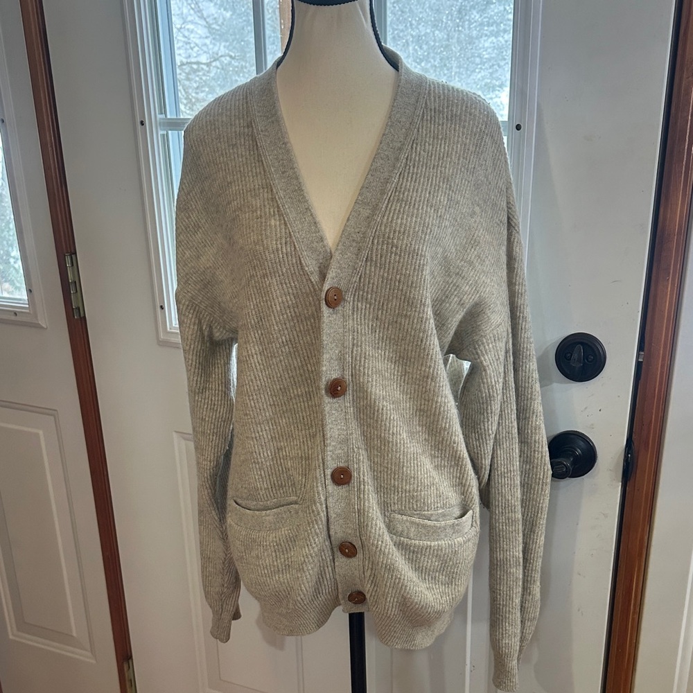 Vintage Oxford Grey Marle Lambswool Ribbed Cardigan